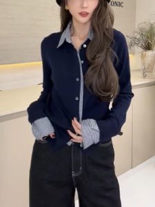 Elegant Plaid Half Sleeve Slim Fit Polo Shirt Fake Two-Piece Design Commute Light Luxury Top Autumn Season Knitted Wool Blend