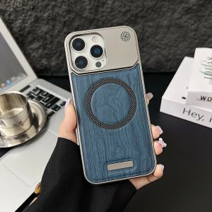 Frameless Alloy Metal Slim Thin Case For iPhone 17 16 15 14 Plus 13 12 Pro Max Magsafe Case Shockproof Wood Grain Leather Cover