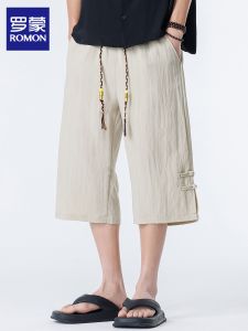 ROMON | Cotton Mens Casual Shorts Breathable Loose Straight Cut New Chinese Style Frog Buttons Lightweight