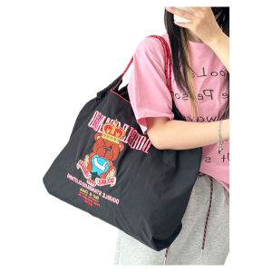 Túi Vải Canvas Thêu Hình Chú Gấu Và Vương Miện Cho Nữ Túi Xách Đeo Chéo Dung Tích Lớn Túi Mua Sắm Có Khóa Kéo Mềm