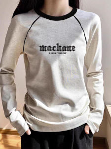 Áo Thun Dài Tay Màu Be Trơn Cotton Cho Nữ Mùa Thu 2025 Thiết Kế Mới Màu Tương Phản Độc Đáo Thời Trang Áo Lót Cổ Tròn in Chữ