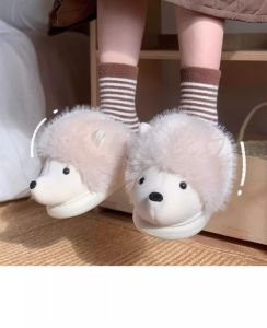 XIXITIAO Creative 3D hedgehog cotton slippers for womens winter indoor cotton slippers cute and fun with added fleece and warm fur shoes