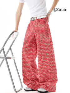 Grace Rub | Alphabet and Digital Full Print Mens Pants Street Design Straight Leg Loose Slightly Flared