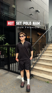 Bộ quần áo nam nữ thể thao cộc tay SUN 07 Màu Đen chất poly áo polo cổ bẻ quần short dễ phối