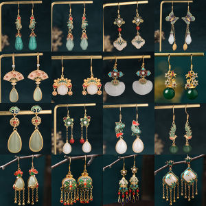 ต่างหูแบบจีนย้อนยุค ต่างหูหยกฮั่ฟเต้ ต่างหูลูกปัดเคลือบสี ต่างหูแบบแขวน ต่างหูแบบจีนโบราณ ต่างหูแบบจีนโบราณ