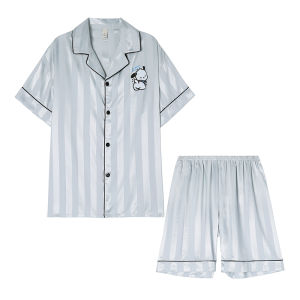 Miiow | Ice Silk Sleepwear Set For Men Summer Thin Short Sleeve Shorts Home Clothes Youth Style Comfortable Breathable Nightgown