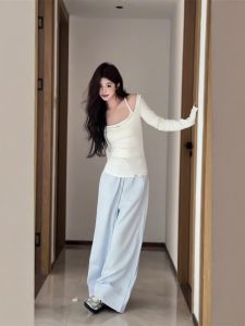 VKSOD | Summer Knitted Long Sleeve T-Shirt Womens Loose Fit Inner Wear Top With Stripes Pants Round Neck Three Piece SetVKSOd E5013-X3604AN