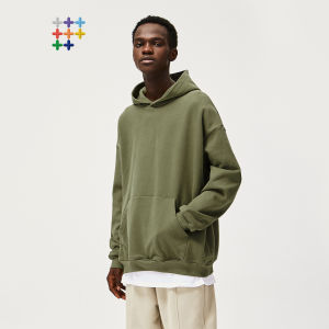 INFLATION brand 2023 autumn new men ribbed bottom hem 460g heavy cotton terry loose solid color round neck pullover hooded sweater