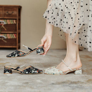 Embroidered Flower Head Cover Half Slippers Womens High Heel Thick Heel Slip-On Shoes for Daily Wear Suitable for Size 41-43