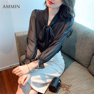 AMMIN 2022ฤดูใบไม้ร่วงใหม่หญิง Streamer Bow เสื้อสไตล์เกาหลีแฟชั่นอารมณ์ Professional OL Tooling ใหม่หลวมออกแบบ Lace-Up Top