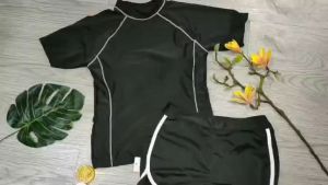 Bikini đồ bơi nữ đi biển 2 mảnh áo thun phủ bụng cộc tay kèm mút mỏng quần đùi chất liệu thun lạnh co dãn 4 chiều BINSPORTS BHV233