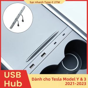 Tesla Model 3 Y 2021-2023 27W Bộ Sạc Nhanh Đế Cắm USB Shunt Hub Bộ Chia Nguồn Type-C Phụ Kiện Xe Hơi