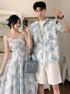 Niche Design Couple Matching Summer Short Sleeve Shirt French Style Dress One Skirt One Dress for Holiday 2024 Korean Version