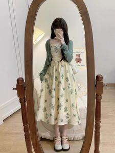 French Floral Print Strapless Dress Womens Autumn High Fashion Long Skirt Two-Piece Set Gentle Style High Waist Midi Dress