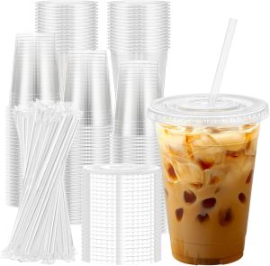 Viski | 16 oz Clear Plastic Cups with Lids and Straws Disposable Plastic Coffee Cups with Lids for Iced Coffee Cold Beverages Smoothie