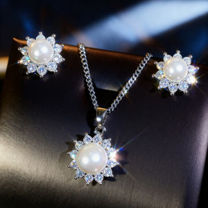 Sequito Charming Phụ Nữ Engagement Bạc Bộ trang sức Micro Pave Sáng Bóng AAA Zircon lập phương Với ngọc trai nhân tạo khuyên nụ Mặt dây chuyền Sj458