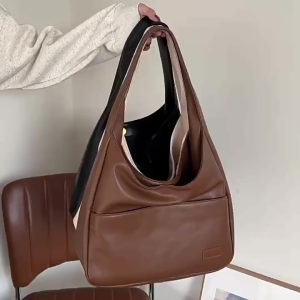 PU Commuter Handbag Fashion Solid Color All-Match Tote Bag Shoulder Bag Women Hobo Bag Simple Leather Large Capacity for School Work