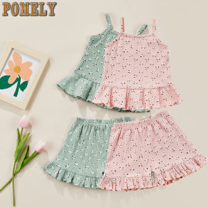 [COD&Local] Pomely 2-3 Years Summer Fashion Baby Girls 2pcs Clothes Sets Solid Clothes Floral Spaghetti Strap Tops +Ruffles Shorts Set