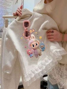 Labubu Cartoon Lace Trim Set Childrens Casual Clothes Cotton Polyester Blend Spring Autumn Winter Kids Clothing Set for Girls