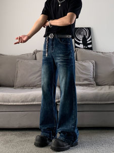 American Retro Washed Deep Blue Jeans Men Loose Straight Leg Cat Jeans Casual Straight Loose Fit Jeans for Youth