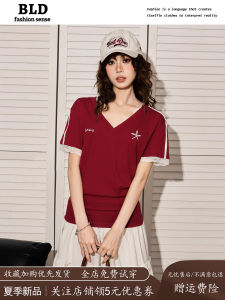 Áo Thun Tay Ngắn Cổ Chữ V Ren Màu Đỏ Phong Cách Mỹ Dành Cho Nữ Mùa Hè Áo Thun Cotton Nguyên Chất Vai Thường Tay Lửng Nhiều Chất Lượng