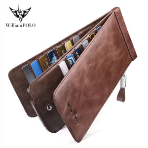 Ultra-Thin Long Leather Wallet for Men Multi-Card Slot Business Card Holder Williampolo Vintage Style Calfskin Credit Card Clip