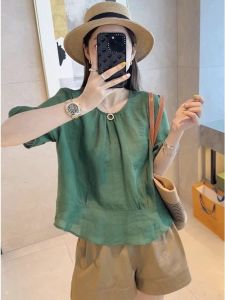 เสื้อเชิ้ตแขนสั้นผ้าลินินคอตตอนฤดูร้อน 2025 เสื้อเชิ้ตคอตตอนลินินสุดเทรนด์ ทรงหลวม สีพื้น แขนสั้น เสื้อเชิ้ตผู้หญิง