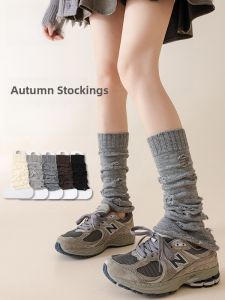 MiiOW | Womens Mid-Calf Knitted Sock Covers Autumn Winter JK Style Grey Hole Punching Leggings Socks Thickened Winter Thermal Cotton