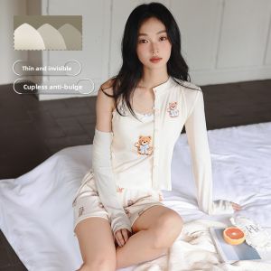 Miiow | Cat Woman Ice Silk Sleepwear Set 2025 New Summer With Chest Pad Strap Shorts Three Piece Set Refreshing Pure Desire Home Clothes