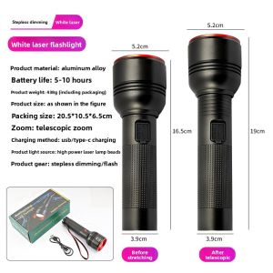 New High Power White Laser Flashlight USB C Rechargeable Stepless Zoom Multifunctional Super Bright Long Range Torch