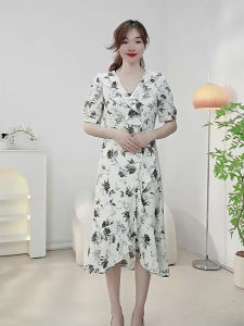 Váy Mùa Hè in Hoa Dài Tay Năm Phần Cổ Chữ V Cho Nữ Váy Bó Sát Thường Ngày Mùa Hè 2025 Váy Chữ a Không Tay