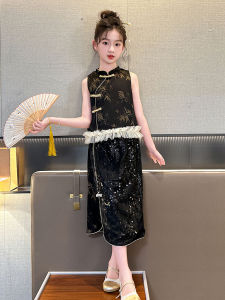 Girls Summer Fashionable Traditional Chinese Cheongsam Set Half Skirt Childrens New Style Tang Costume Ensemble Kids Qipao