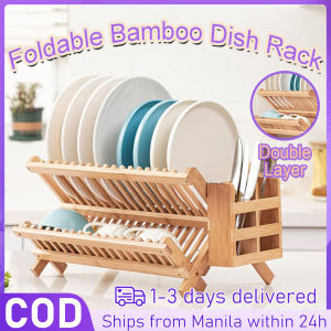 2 Tier Dish Drying Rack Bamboo Folding Drain Rack with Chopsticks Holder Kitchen Storage Rack Organizer Classified for Bowls and Chopsticks Collapsing Saves Space Quick Draining Easy installation Stable and Secure