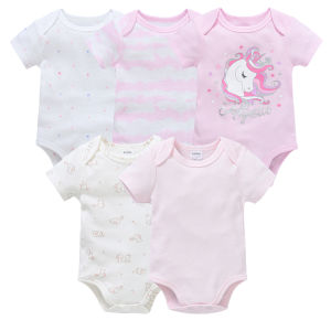 3-5ชิ้น/ล็อตเด็กทารกRompersยูนิคอร์นน่ารักพิมพ์สาวบอดี้สูทสีชมพูฤดูร้อนแขนสั้นJumpsuitผ้าฝ้าย100% เสื้อผ้าเด็กอ่อน