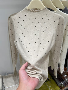 LUOSHAO | Floral Collar Polka Dot Long Sleeve Knit Top Slim Fit
