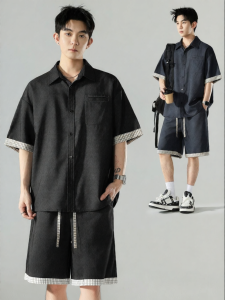 Wood soon | Color Block Contrast American Simple Short Sleeve Shorts Set Summer Cleanfit Two Piece