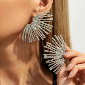 KunJoe Luxury Full Rhinestones Fan Shaped Large Stud Earrings Women Elegant Shiny Crystal Irregular Earrings Bride Party Jewelry