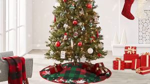 90cm Fabric Tree Skirt Christmas Decorative Plaid Tree Skirt Flexible for Festival Christmas Tree