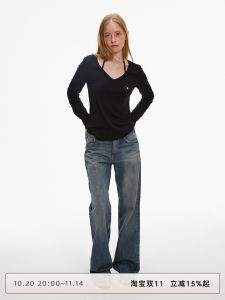 Classic Washed Cat Jeans Natural Waist Casual Pants Straight Leg Blue Denim Womens Autumn Fashion Casual Wear