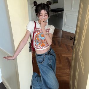 Retro American Short Sleeve round Neck T-Shirt Womens Slim Fit Summer New Style Sweet And Spicy Belly Button Exposure Top