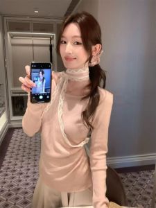 YUEZHONGWEI | French Lace Patchwork False Two-Piece Pink Long Sleeve Fitting Sweater Female