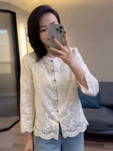 Slimming Elegant Age-Reducing Chinese Style Embroidered Lace Long Sleeve Shirt