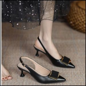 Black 2 inches Half shoes for women Sandal Heels Pointed Toe Glossy Leather MID Heels