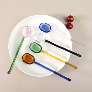 Creative Glass Milk Dessert Spoons Colored Transparent Coffee Dessert Stirring Spoon Long Handle Spoon Kitchen Tableware