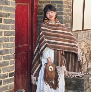 Bohemian Ethnic Style Womens Shawl Coat with Hood Travel Warm Tassel Outerwear Cardigan Striped Design Winter Spring Autumn