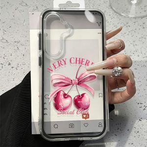 Pink Cherry Bow Pattern 2in1 Clear Phone Case For Samsung Galaxy S26 Ultra S24 S22 S25 S23 Plus A57 A37 A55 A54 A36 A16 Cover