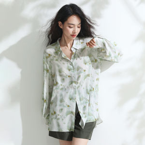 Miccbeirn | เสื้อเชิ้ตแขนยาวผ้าไหม 100% สไตล์วินเทจ ลายพิมพ์ชาติพันธุ์ ทรงหลวมๆ สบายๆ สำหรับผู้หญิง เสื้อผ้าทำงานฤดูร้อน