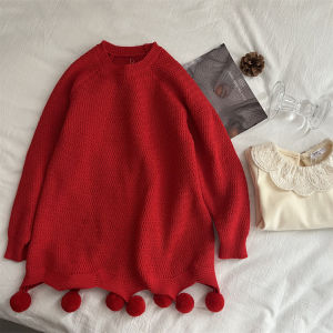 Girls Knitted Sweater Red New Years Clothes Warm Winter Fashion Baby Clothes Childrens Long Sleeve round Neck Pure Color Knitwear