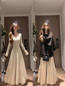 SUHUIQIAN | V-neck Knitted Dress Slim Fitting Waist-accentuating Long