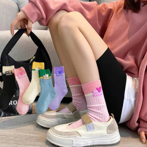 【♡Lovely girls house♡】Fashion Colorful Simple Retro Cotton Socks for Women Breathable Spring Solid Color Sports Casual Socks